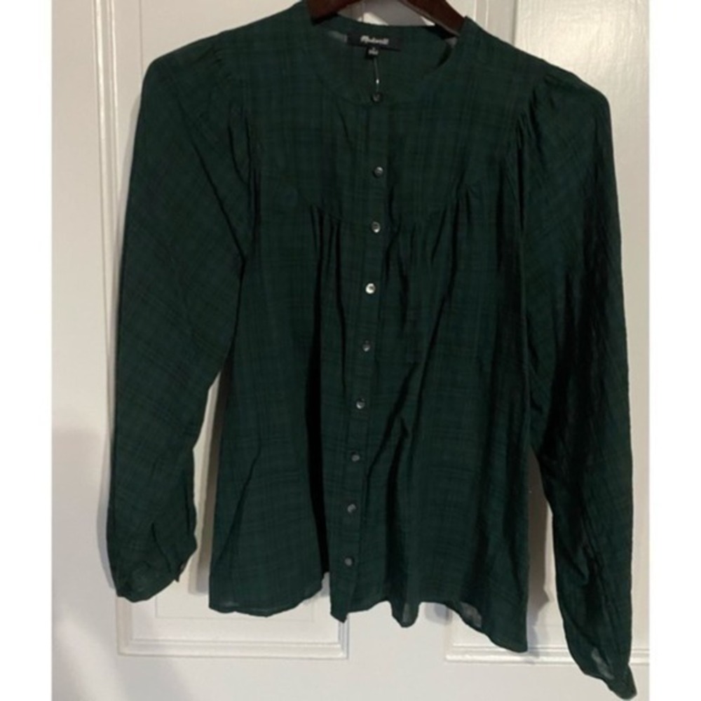 Madewell Green Plaid Print Balloon Sleeve Button Front Peasant Top Size S‎ NWT